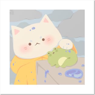 Raincoat Cat and Frog Posters and Art